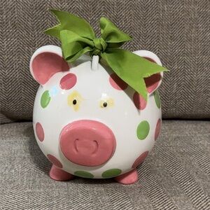 Burton & Burton Girls Pink Green Circles Pig Piggy Bank Green Bow Baby Nursery